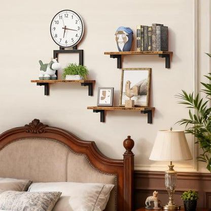 Floating Wall Shelves Set of 3 with Clock, 15 Inch | Wood Shelves, Rustic Finish, Wall Mounted, Storage Display, Farmhouse Style, Living Room, Bedroom, Bathroom, Kitchen
