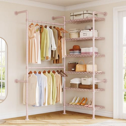 L2 Wall Mounted Closet System, Industrial Pipe Clothing Rack, Pink | Metal Clothes Rack with 2 Telescopic Rods & 6 Shelves, Heavy Duty Closet Organizers for Wardrobe, Reach-in & Walk-in Closets - color: Pink