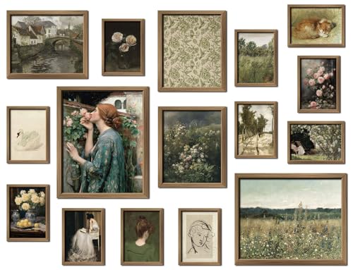 ANERZA 16 PCS Vintage Wall Art Decor, French Country Gallery Wall Prints for Bedroom, Farmhouse Posters for Living Room Aesthetic, Rustic Collage Kit Pictures, Cottagecore Dorm Home Decor - color: DarkSeaGreen, size: 11"x14" Unframed