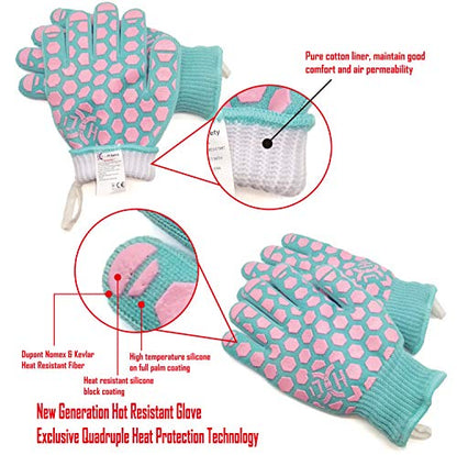 J H Heat Resistant Oven Glove: EN407 Certified 932 °F BBQ & Oven Mitts for Grlling, Baking, Kitchen, Camping,Fireplace Indoor&Outdoor 1 Pair - color: Turquoise Shell With Pink Coating