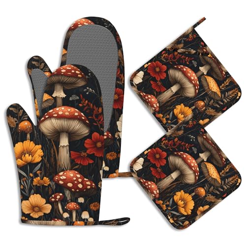 Vintage Mushroom Potholders & Oven Mitts Sets Cute Flowers Silicone Heat Resistant Oven Mits and Hot Pads Non-Slip Pot Holders Gloves for Kitchen Chef Cooking Baking Grilling BBQ - color: Vintage Mushroom,cute Flowers
