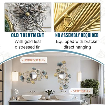 Metal Wall Mirrors Decor, 59" x33” Large Ginkgo Leaf Wall Art | Decorative Wall-Mounted Mirror, 3D Creative Modern Ginkgo Leaves Flower Big Wall Hanging Mirror, for Living Room (59X33 Inch)