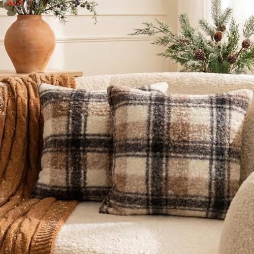 Fall Brown Plaid Euro Pillow Covers 26x26, Fuzzy Euro Sham Covers 26 x 26 | Set of 2, Large Soft Fluffy Curly Sherpa Farmhouse Checkered Cozy Throw Pillows, 26x26 christmas pillow covers, No Insert - color: Brown Buffalo Plaid Indoor Pillow Covers, size: