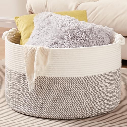 OIASKET Large Blanket Storage Basket for Living Room, 22.8" x 22.8" x 13" Woven Cotton Rope Basket with Handles, Baby Toy Storage, Laundry Hamper for Clothes, Pillows, Towels-Grey and White - color: Grey and White, size: 90L