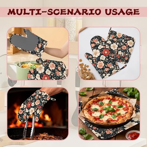 Floral Boho Heat-Resistant Silicone Oven Mitts and Pot Holder 4 Piece Set,Pink Flower Non-Slip Kitchen Oven Gloves for Baking, BBQ, Cooking,Grilling - color: Floral Boho Pink Flower