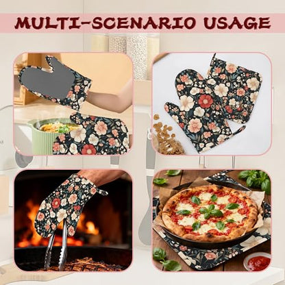 Floral Boho Heat-Resistant Silicone Oven Mitts and Pot Holder 4 Piece Set,Pink Flower Non-Slip Kitchen Oven Gloves for Baking, BBQ, Cooking,Grilling - color: Floral Boho Pink Flower
