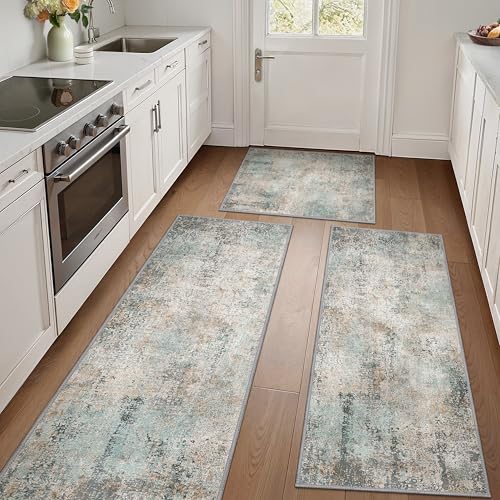 GENIMO Kitchen Rugs Set of 3, Washable Non Slip Kitchen Mats for Floor | 20"x32"&20"x48"&20"x59", Green Brown vintage abstract rug, soft faux cashmere, low pile, easy-clean for laundry - color: Green Brown, size: 20"x32"+20"x48"+20"x59"