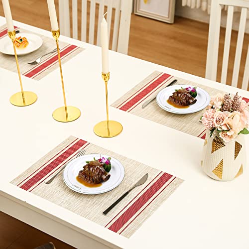 DACHUI Placemats Set of 6, Heat Resistant, Washable Woven Vinyl Place Mats - color: Red Stripes, size: 6PCS