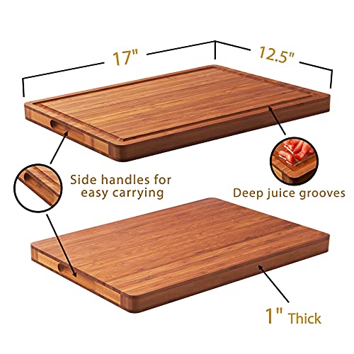 Allsum Large Wood Cutting Board for Kitchen, 1” Thick Bamboo Cheese Charcuterie Board, Butcher Chopping Block, with Juice Grooves and Handles - size: 17"L x 12.4"W