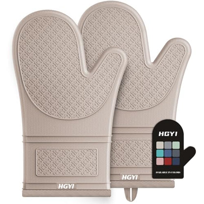 Silicone Oven Mitts, Heat Resistant Oven Gloves with Quilted Liner, Waterproof & Non-Slip Kitchen Mittens for Baking Cooking BBQ, 500°F, 12.5"-Milkshake Beige - color: Milkshake Beige