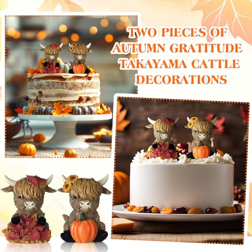 Wesiti 2 Pcs Fall Highland Cow Figurines Decor, Pumpkin Maple Leaf | Autumn Gnomes, Scottish Resin Statue, Calf Lovers Gifts for Thanksgiving, Home Garden Kitchen Office Table Shelf Tiered Tray - style: Fall