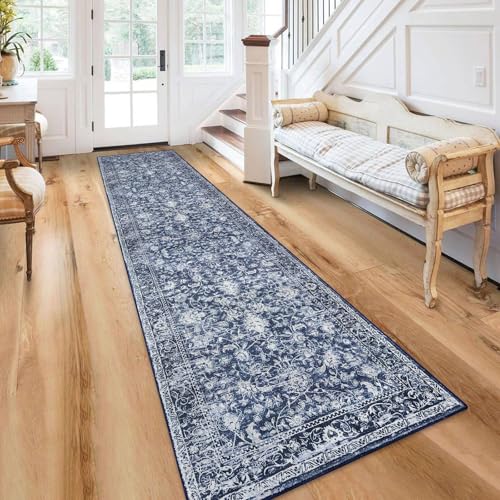 KILOCOCO Runner for Hallway 2.6x12 ft Washable Runner Non-Slip Rug, Blue | Printed Hallway Runners Rug, Non Skid Kitchen Runner Rug, Low Pile Runner for Bedroom Living Room, Soft Floral Hall Runners - color: Blue/Navy/White, size: 2'7" x 12' (Runner)