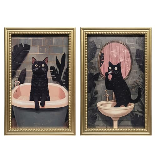 Gatheroad Vintage Gold Framed Wall Art Set of 2, Aesthetic Black Cat with Plant Canvas Prints & Art Painting | Retro Animal Home Artwork for Living Room, Bedroom, Bathroom, Powder Room, 16x24in - color: Gold, size: 16X24inch
