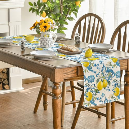 Artoid Mode Blue Lemon Iris Spring Place Mats 12x18 Inch Set of 4 and Table Runner 13x72 Inch