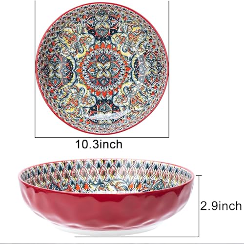 Large Serving Bowls, 75 Oz Fruit Salad Bowls, Bohemian Style Large Porcelain Dishes for Entertaining Parties,Big Bowls for Eating Soup, Salad, Pasta, Fruit, Chips, 10.3 Inch Diameter (red) - color: Red