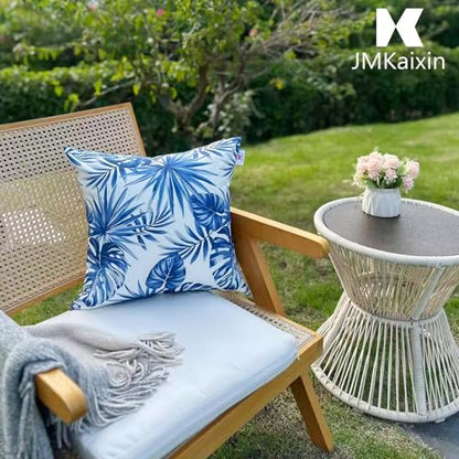 Outdoor Throw Pillows 18×18 Inch Waterproof Pillows with Inserts | Set of 2 Fade Resistant Patio Pillows for Porch Garden Couch and Patio Furniture - color: Blue-palm