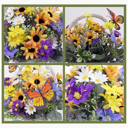 Eksen Artificial Flowers in Basket Vase with Lights, Faux Floral Arrangement for Table,Home Kitchen Centerpieces Party Decor