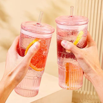 JunVpic Glass Tumbler, 24 oz Glass Cup with Lid, Straw and Handle | Pink glass design, Hammered Texture, reusable straw and lid for iced coffee, tea, smoothies and hot & cold drink - color: Pink, size: 24oz