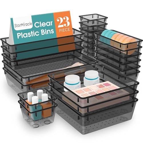 23 PCS Drawer Organizer Set, 5 Size Bathroom and kitchen organizer Trays | Bathroom and kitchen Drawer cabinet organizer Trays, Clear Storage Bins for Makeup, Jewelry, Utensils and Gadgets - color: Black, size: 23 PCS