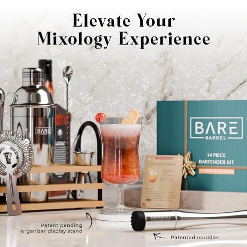 BARE BARREL® Mixology Bartender Kit Bar Set | 14-Piece Cocktail Shaker Set | Martini Barware Mixing Tools for Home Bartending | 35 Recipe Cards | Gift Set (24oz Cobbler Shaker, Silver/Natural) - color: Silver/Natural