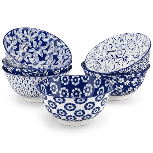 vancasso SELENE 24 oz Ceramic Cereal Bowls, Set of 6 | Blue & White Floral Porcelain Soup Bowls for Kitchen, Dishwasher & Microwave Safe, for Cereal, Soup, Pasta, and Salad - color: Blue & White