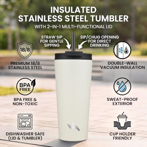 Konokyo 22 oz Insulated Tumbler Water Bottle with Straw Lid, Angel White | Stainless steel insulated tumbler for coffee, water and iced drinks; spill-proof lid, 2 straws, cup-holder friendly - color: Angel White, size: 22 Ounces