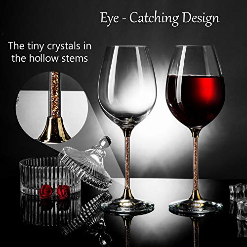 Matashi Crystal Wine Glasses Set of 2 (18.5 oz), Gold Crystal Filled Stem | Luxury Decorative Wine Glass Gift Set for Wedding, Anniversary, Elegant Red & White Wine Glasses