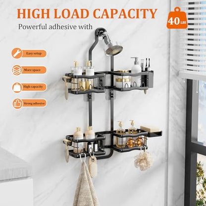 Shower Caddy Hanging Shower Head,Rustproof Hanging Shower Caddy Over Showerhead Bathroom Shower Caddies Shelf Organizer Rack For Sponge,Shampoo,Soap Storage,With Razor-Hooks,Black