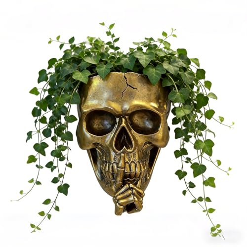 Unique Skull Wall Planter, Gothic Flower Pot for Indoor Outdoor Plants, Hanging Face Head Planters with Drainage Hole, Spooky Skeleton Decor for Home, Skull Planter Gift for Halloween(Gold) - color: Don't Speak Gold