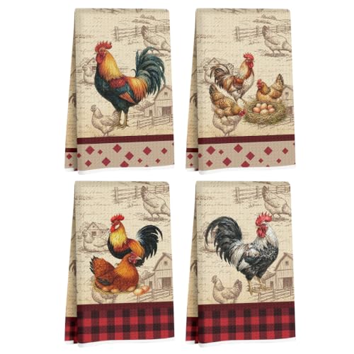Chicken & Rooster Kitchen Towels Retro Farmhouse Dish Towels Set of 4 | Reusable Waffle Absorbent Vintage Rustic Hand & Tea Towel, Rooster Kitchen Decor, Chicken Gifts for Women Mom, 14x24 Inch - color: Vintage Farmhouse Rooster