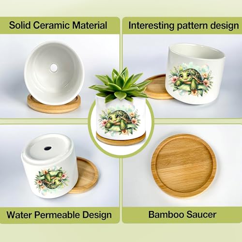 3Pcs Turtle Succulent Pots with Drainage and Bamboo Tray,Ceramic Pot 3 Inch | Small Planters for Plants,Cactus,Decoration for Office Home,Windowsill,Turtle Gifts for Women Mom (No Plants Included) - style: Turtle