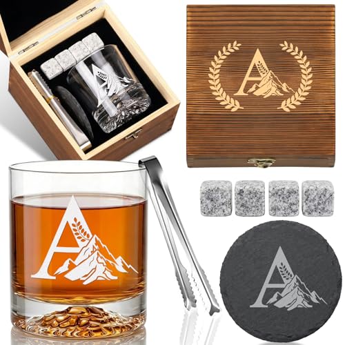 Personalized Whiskey Glass Gift Set for Men – Monogrammed Initial Rocks Glass with Slate Coaster, Wooden Box & Whiskey Stones, Birthday Father's Day for Him Dad Husband - style: A