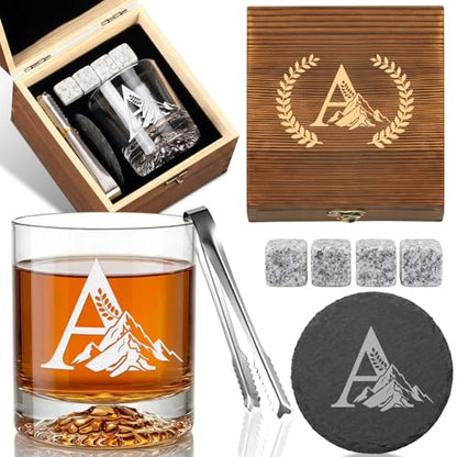 Personalized Whiskey Glass Gift Set for Men – Monogrammed Initial Rocks Glass with Slate Coaster, Wooden Box & Whiskey Stones, Birthday Father's Day for Him Dad Husband - style: A