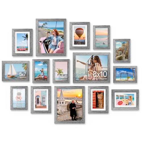 decorUhome 15 Pack Assorted Picture Frame Set for Wall & Tabletop, PF15GR | Grey, Includes Three 8x10 / Six 5x7 / Six 4x6 Multi Size, MDF Frame with Plexiglass Cover - color: Grey