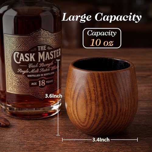 Charred Wooden Bourbon Drinking Glass Set with Whiskey Ice Stones & Tongs, 2 Pack 10oz Oak Wooden Bourbon Glass, Artisan Oak Whiskey Cups for Bourbon Lovers, Unique Whiskey Gift for Dad, Men, Husband