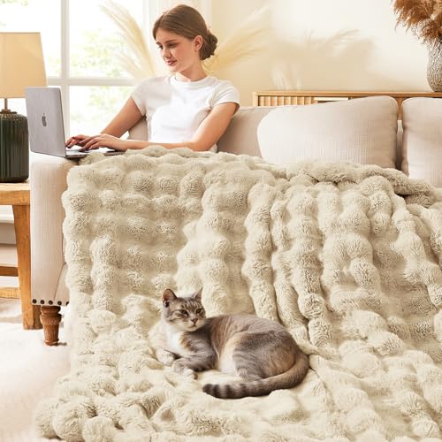 L'AGRATY Faux Rabbit Fur Throw Blanket for Couch, 90'' x 90'' Almond White | Soft Cozy Bubble Fluffy Blanket for Sofa Bed, Thick Warm Plush Fuzzy Throw for Room Home Decor, Luxury Gift for Women Mom - color: Almond White, size: 90" x 90"
