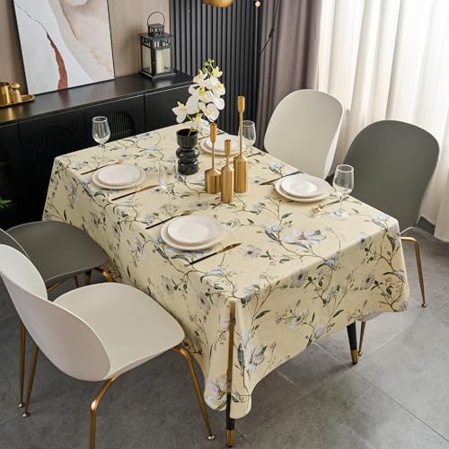 Pioggia Vinyl Tablecloth with Flannel Backing - Waterproof, Oil-Proof, Easy to Clean -Rectangle Plastic Table Cloth - Perfect for Dining Tables, Kitchen Tables, Parties - color: Beige Flower, size: 84" x 60" (Rectangular)