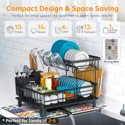2 Tier Large Detachable Dish Drying Rack for Kitchen Counter,Black | Compact Drying Rack Kitchen, Rust-Resistant Dish Drainer Organizer, Space-Saving Dish Racks with Drainboard, Utensil Holder - color: 2 Tier-black