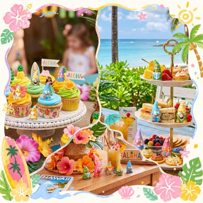 Yaomiao 60 Pcs Mini Hawaii Gnome Figurines Summer Tiny Resin Statues Starfish Plumeria Gnomes Figures Resin Gnome Decorations for Beach Hawaiian Party Favor Gift Tiered Tray Decor - style: Summer Hawaii