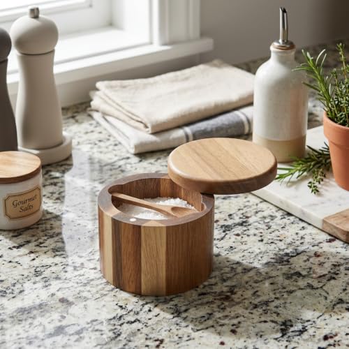 Grevosea Salt Cellar, Acacia Wood Salt Container with Swivel Magnetic Lid | Elegant Kitchen Salt Container Holder for Pepper Spice Bath Salt Sea SaltStorage, 360° Rotating Countertop Box 6oz