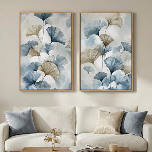 Large Framed Blue Botanical Wall Art Set of 2, Neutral Minimalist Canvas Paintings Prints, Watercolor Pastel Pictures Artwork for Modern Farmhouse Living Room Bedroom Kitchen Wall Decor, 24x36 Inch - color: Neutral Blue, size: 24" W x 36" H x 2Pcs