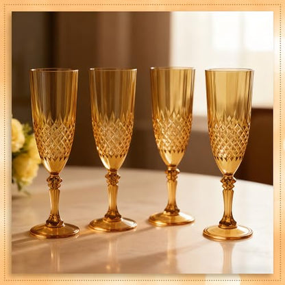 12 Pack Plastic Champagne Flutes, Amber Reusable Champagne Glass | Unbreakable Hard Plastic Mimosa Cups Bulk with Stem, Fancy Stemware for Wedding, Party & NYE Celebration - color: Amber
