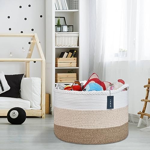 COMSE XXXLarge Woven Blanket & Laundry Basket, 87L, White & Gradient Brown | 21.7" x 13.8", Cotton Rope, Nursery Hamper for Storage of Toys Clothes Towels, Ideal for Living Room Bedroom Bathroom - color: White & Gradient Brown