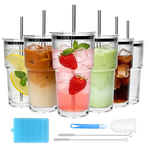 Accguan 18oz Ribbed Glass Tumbler with Straw and Lid, 6Pack Glass Cup | Reusable lced Coffee Cups with lids-Glass Cups with Lids for Smoothie,Coffee,Juice,Tea,Travel Mug,Cold & Hot Beverages - size: 18oz without handle-6pcs
