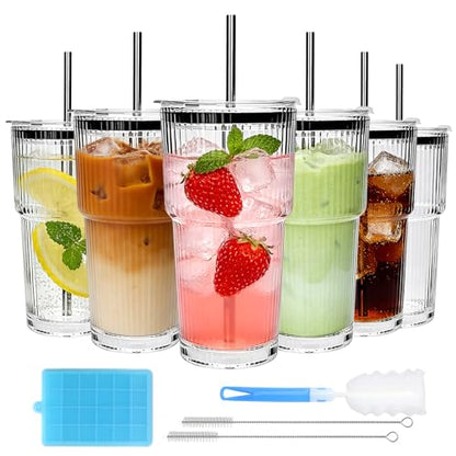 Accguan 18oz Ribbed Glass Tumbler with Straw and Lid, 6Pack Glass Cup | Reusable lced Coffee Cups with lids-Glass Cups with Lids for Smoothie,Coffee,Juice,Tea,Travel Mug,Cold & Hot Beverages - size: 18oz without handle-6pcs