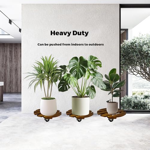 2 Pack Plant Caddy with Wheels, 14 Inch Rolling Plant Stand Heavy Duty with Metal Lockable Casters, Wooden Plant Dolly for Outdoor Indoor, Large Flower Pot, Patio (14inch-2 pack) - size: 14inch-2 pack