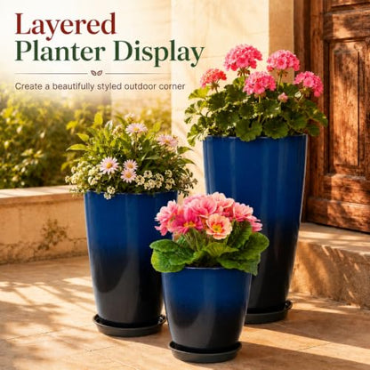 Neoaider Set of 3 Tall Planter, 24/21/12in Large Plastic Planter, Dark Blue | Ceramic-Look, Lightweight, Built-in Drain Hole, Saucers, Tall Outdoor Planter for Porch, Garden, Patio, Balcony - color: Dark Blue