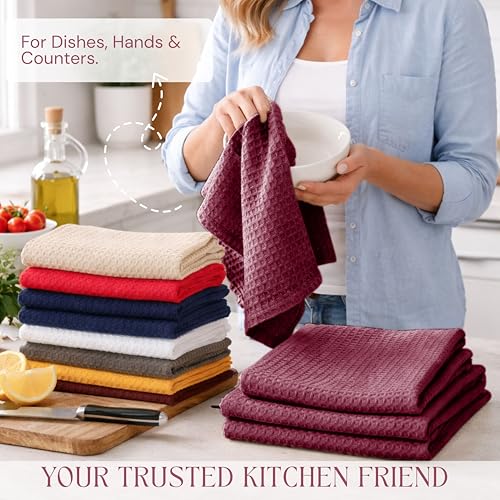 Burgundy Waffle Kitchen Dish Towels, 100% Cotton, Quick Dry, Super Absorbent, Soft, 16x26 Inches – Ideal for Dish Drying, Bar, Hand Wipe, Cleaning, and Everyday Use, 12 Pack, Maroon