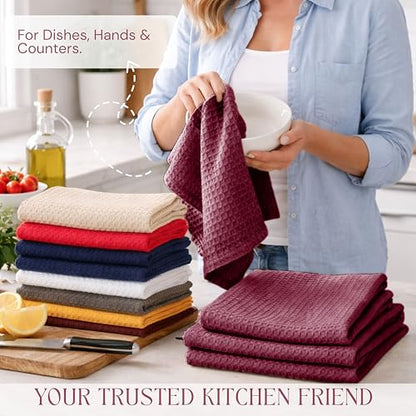 Burgundy Waffle Kitchen Dish Towels, 100% Cotton, Quick Dry, Super Absorbent, Soft, 16x26 Inches – Ideal for Dish Drying, Bar, Hand Wipe, Cleaning, and Everyday Use, 12 Pack, Maroon