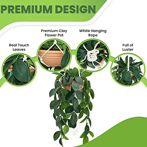 Hanging Plants Artificial Decor, Fake Hanging Plant in Clay Pot Artificial Hanging Plants with Fake Leaves and Hook for Wall Home Room Indoor Outdoor Décor (Dark Green)